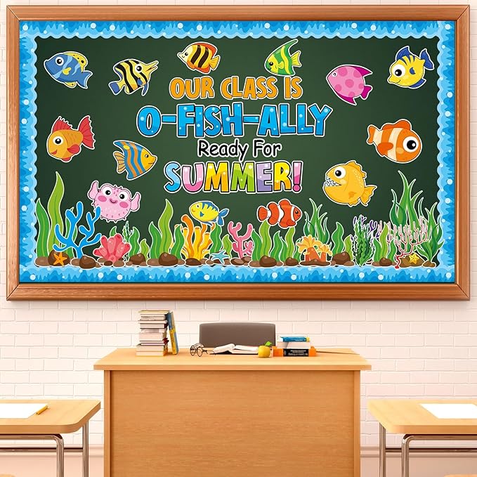 Justforjoyful Summer Ocean Sea Bulletin Board Decorations O-Fish-Ally Ready for Summer Theme Classroom Back to School Bulletin Board Border Set Tropical Marine Fish Paper Cutouts for School Home Decor