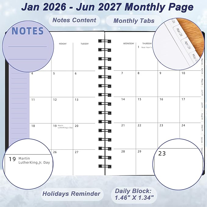 Daily Planner 2026-2027, 2026 Planner Weekly & Monthly, from Jan 2026-Jun 2027, 18 Month Calendar 2026 Planner with Tabs, A5 Size, Black