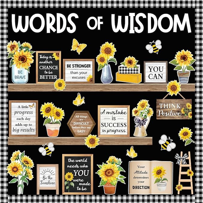 Mooliwe 57 Pcs Sunflower Bulletin Board Set Inspirational Flower Bulletin Board Decoration Positive Cutout Classroom Decoration for School Office Home Teacher Classroom Wall Supplies