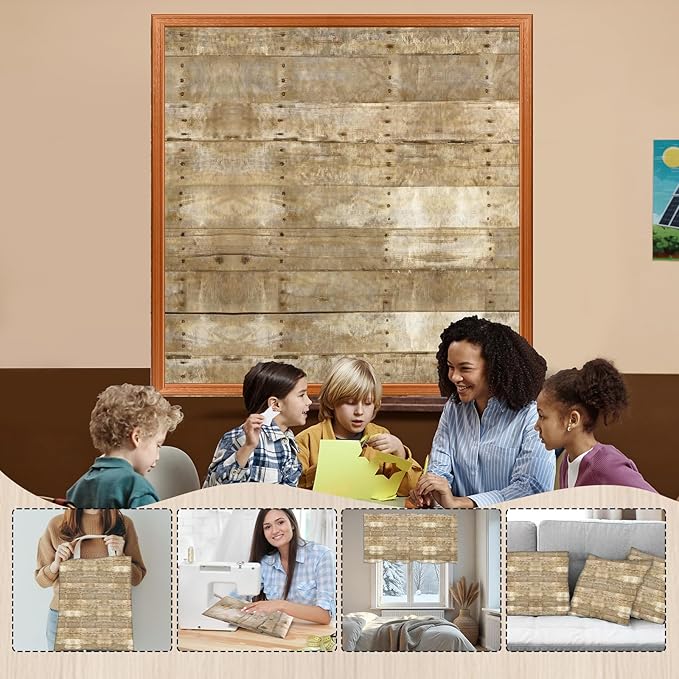 47×47In Fabric Bulletin Board Decoration for Classroom Wood Grain Linen Bulletin Board Decor with 30 Double Sided Adhesive Brown Wood Boards Rustic Background Art Craft for School Education Supplies