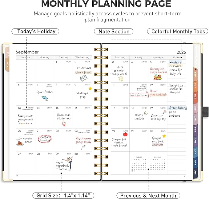 RETTACY Academic Planner 2026-2027, Weekly and Monthly, July 2026 - June 2027, Medium Size (5.7" x 8.3"), Calendar, Agenda, 12-Month Tabs, Hardcover, for Student, Teacher, School (Black)
