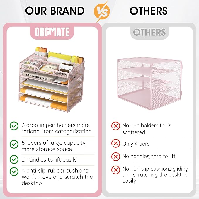 5 Tier Paper Letter Tray with 3 Drop-in Pen Holders, Mesh Desk File Organizer with Handle, Desk Organizers and Accessories for School,Home, Office Supplies Storage-Pink