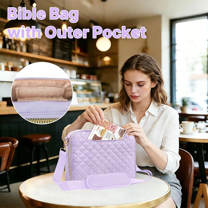 PUGPIU Bible Cover Case for Women, Large Quilted Bible Bag with Shoulder Strap and Handle, Bible Study Supplies Journaling Kit with Highlighters Pens No Bleed Tabs Notebook Cross Clips (Light Purple)