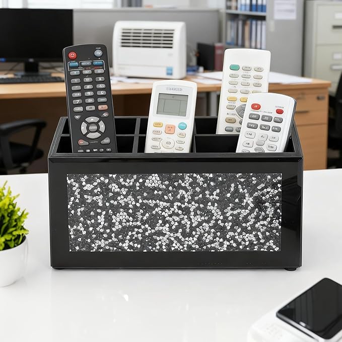 SHYFOY Glass Remote Control Holder with 6 Compartments TV Remote Caddy Storage Box,Desktop Organizer Store Controller,Glasses,Brush,Media Player,Pen,Space Saver for Bedside Table/Office Desk(Black)