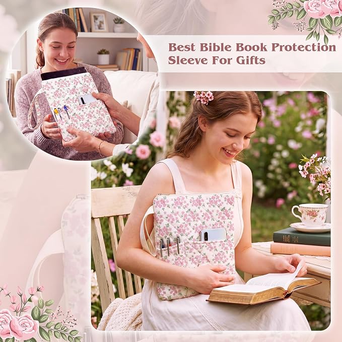 Gilprop Pink Floral Bible Book Sleeve with Zipper 11" x 9" Padded Protector Washable Quilted Book Covers Printed Bible Pouch with Handle Pockets Protector for Books Lover Christian Gifts