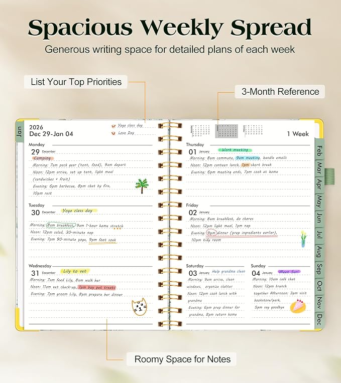 2026 Planner, Hardcover Weekly and Monthly Planner for Women, January 2026 - December 2026, Spiral Yearly Agenda Organizer Book 2026 with Tabs, Daily Calendar Planners for School Work Home, A5 (5.75" x 8.38"), Aesthetic Leaf