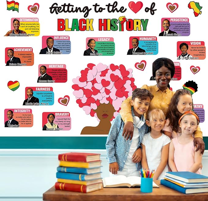 Black History Month Bulletin Board Decoration Valentine's Day Bulletin Board Set African American Cutouts Decorations February Heart Craft Cutouts for School Classroom Office Door Wall Decor Supplies