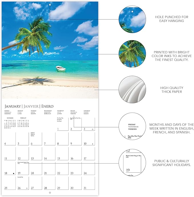 Graphique 2026 Island Paradise Wall Calendar | 12” x 12” | Thick Paper | Home & Office Organizer | Large Monthly Grid | 3 Languages & Marked Holidays | 4 Month Preview Page for 2027