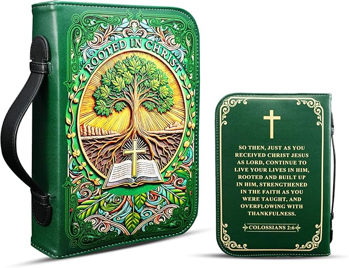 Rooted in Christ Bible Cover for Women Men - Faith Scripture Study Bible Carrier Case Bag Accessories Supplies - Religious Bible Pattern Leather Organizer - Christian Pastor Appreciation Gifts