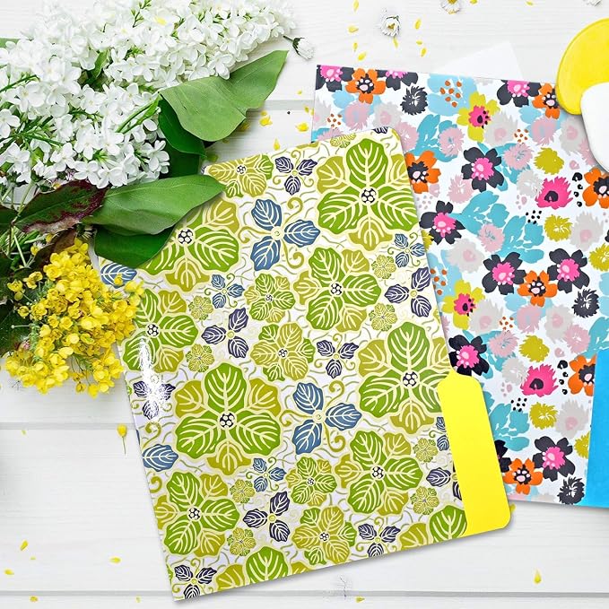 WOT I Decorative File Folders 12Packs, Colored File folders with 6 Cute Floral Design and 6 Solid Vibrant Colors, Two-Tone File Folders Letter Size, 1/3-Cut Tabs, 300gsm