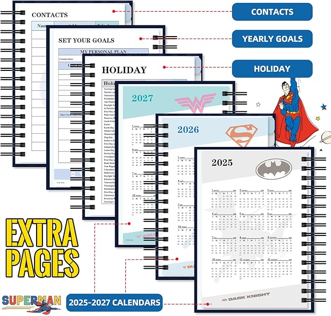 Superman Planner 2026, Superhero Weekly/Monthly Planner with Tabs, Hardcover Calendar Planner Monthly Agenda Spiral Notebook for Teacher Student Organizer Supplies (Plan D)