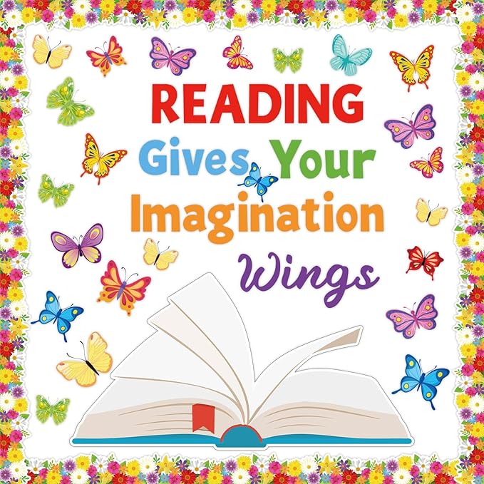 Qyeahkj Spring Reading Bulletin Board Set Classroom Decorations Reading Gives Your Imagination Wings Bulletin Board Butterfly Flower Paper Cutouts for Classroom School Read Wall Decor Supplies