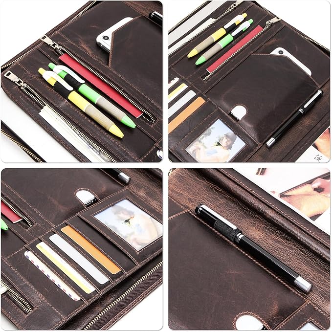 Top Grain Leather 12.9" Large Portfolio, Solid Vintage Design, Handmade, Large Capacity Multi-Functional Business Zip Padfolio, Suitable for Cards/Tablet/Phone/A4 Doc, Dark Coffee 12.9 Inch