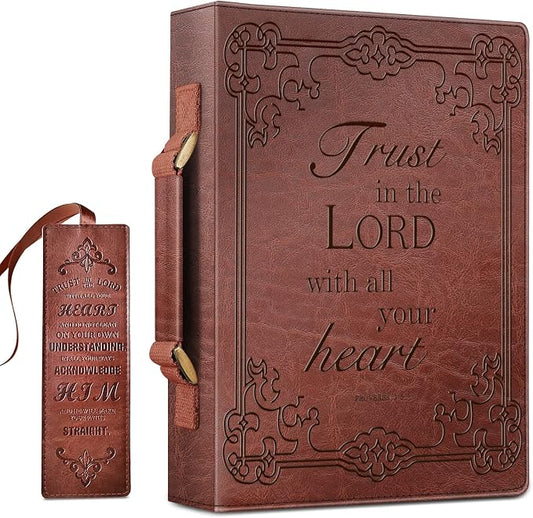 FINPAC Large Classic Bible Cover Vegan Leather Carrying Book Case Church Bag Bible Protective with Handle, Gift for Men, Women, Father, Mother, Friends, Brown