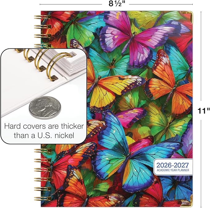 HARDCOVER Academic Year 2026-2027 Planner: 14 Months (May 2026 Through June 2027) 8.5"x 11" Daily Weekly Monthly Planner Yearly Agenda. Bookmark, Pocket Folder and Sticky Note Set (Colorful Butterflies)