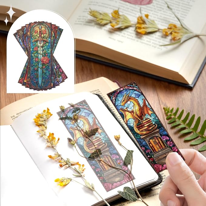 Sword Dragon Bookmark Gifts - 10 Pcs Stained Glass Sword Transparent Bookmark Fantasy Dragon Flower Book Mark Page Clips Gifts for Women Men Book Lovers Teacher Student Bookish Reader