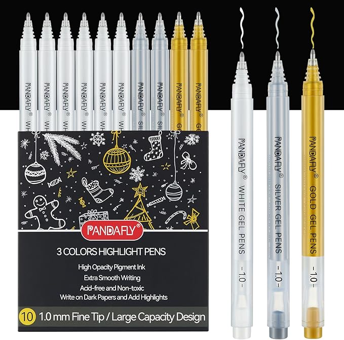 PANDAFLY Gold Silver White Gel Pens, 10 Pack, 1mm Extra Fine Point Gel Ink Pen, Opaque White Archival Ink Pens for Black Paper Drawing, Sketching, Card Making