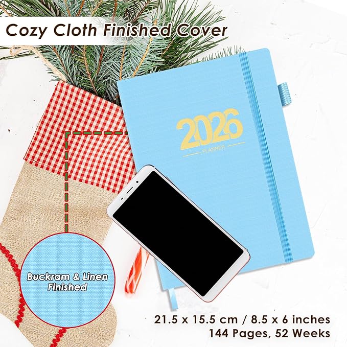 TIIKKASI 2026 Calendar Year Planner Weekly Monthly (Jan - Dec) 6'' x 8.5'' - Lined Journal Notebook Minimalist Agenda Notes, Linen Cloth Book Bound Hard Cover, For School Business Office, Blue