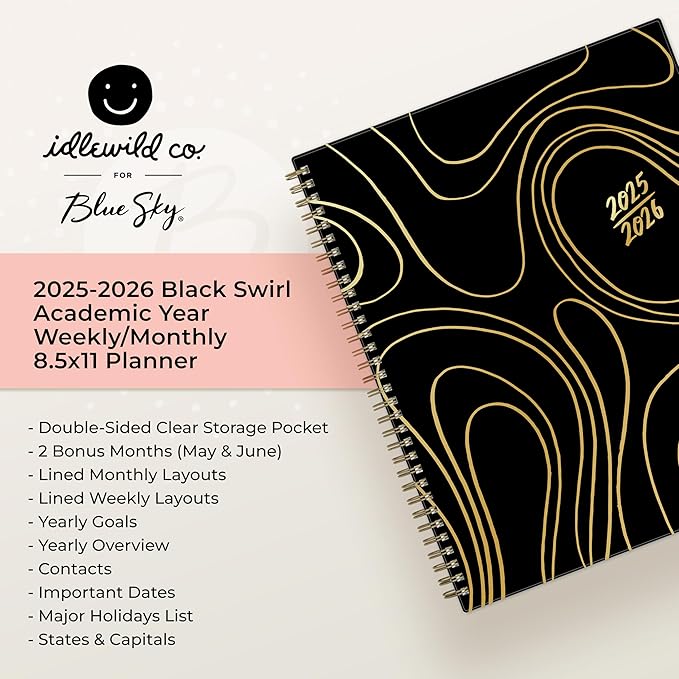 Blue Sky Idlewild 2025-2026 Weekly and Monthly Academic Year Planner Calendar, July 2025 - June 2026, 8.5" x 11", Flexible Cover, Wirebound, Laminated Tabs, Storage Pocket, Black Swirl