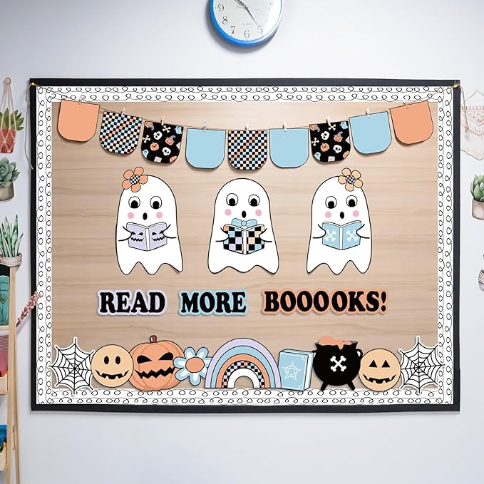Halloween Bulletin Board Decorations Set, Boho Halloween Ghost Classroom Decor with Cute Ghost Paper Cutouts Border Trims for Back to School Teacher Nursery Classroom Wall Door Decor