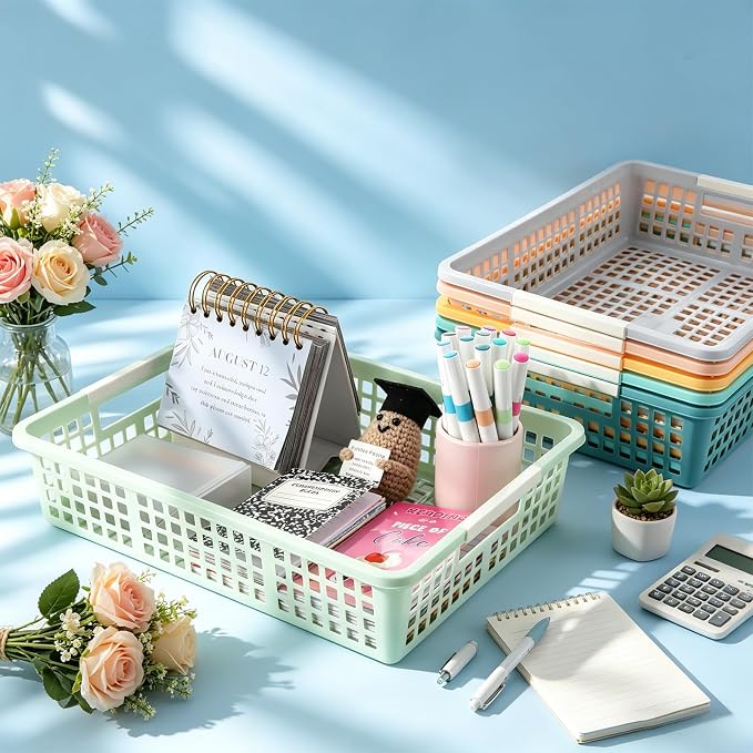 6 PCS Plastic Classroom Turn in Paper Trays Storage Bin Basket Organizers Holds 4A Paper File for School Teacher Supplies Classroom Office Home Organization and Storage Tray (Morandi)