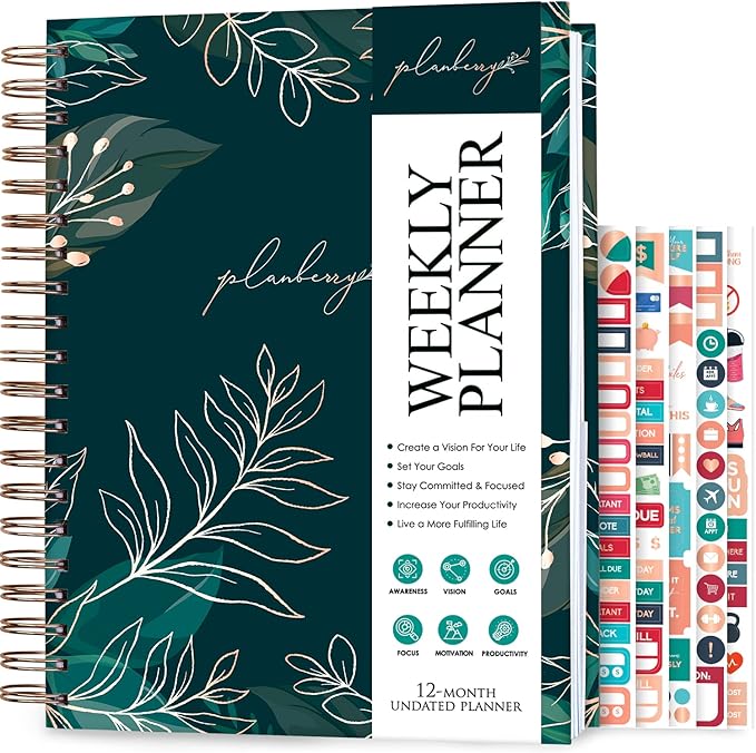 PLANBERRY Large Weekly Planner Premium – Undated Life & Budget Planner – Organizer & Productivity Journal, 8x10.4″ (Green Pastures)