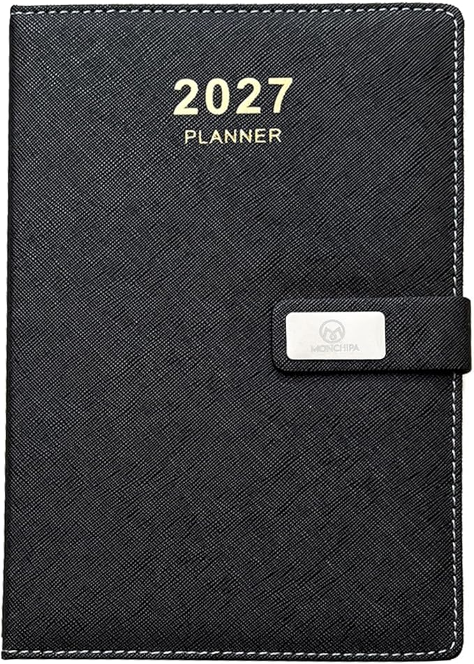 2027 Daily Planner – One Page Per Day, 12-Month Calendar (Jan–Dec 2027), Hourly Appointment Book, 5.7" x 8.26" Leather Cover, Thick Paper – Hourly, Daily & Monthly Organizer (Black)