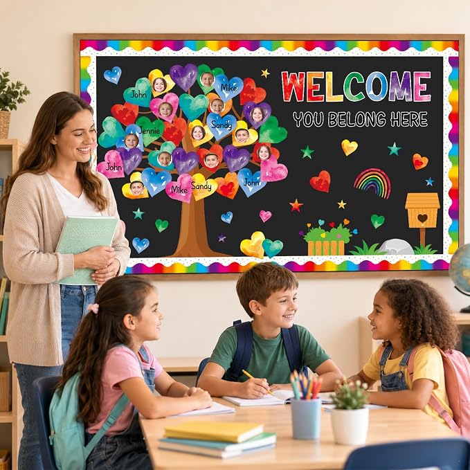85pcs Classroom Tree Bulletin Board Heart DIY Photo Name Tags Cutouts Back to School Watercolor Accents You Belong Here Welcome Classroom Decor for Nursery Elementary Chalkboard Wall Decor（Watercolor）