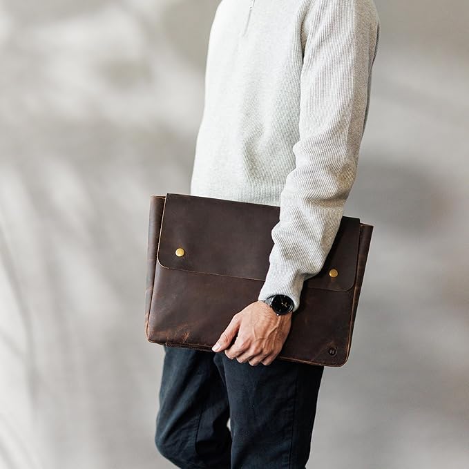 Moonster Leather Folder, Full Grain Leather File Folder Organizer Document Holder, Portfolio for Men –Spacious Folio Laptop Sleeve Case - Fits 13" 14" 15” Laptops, MacBook and Tablets