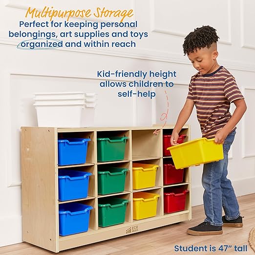 ECR4Kids 12 Cubby Mobile Tray Cabinet and 15 Scoop Front Bins, 3x4, Kids Furniture, Assorted