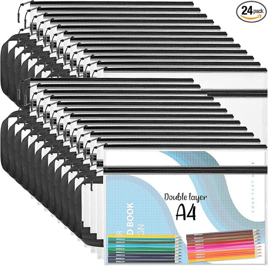 Double Layers Mesh Zipper Pouch Bags A4 (13x9 in, 24 Pcs) Black Zipper Bags, Waterproof File Pouches for Puzzles Board Game Teacher School Classroom Office Supplies Travel Bag
