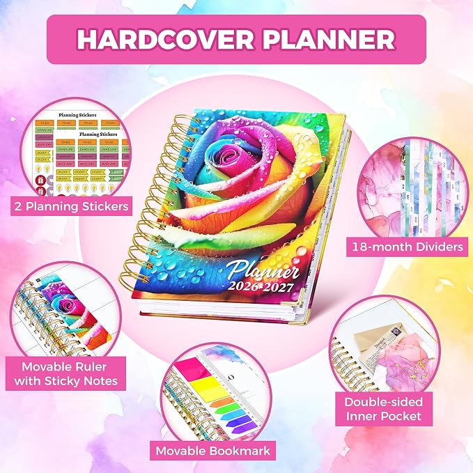 Planner 2026-2027, 18 Month Weekly and Monthly Academic Planner, July. 2026 - Dec. 2027, 6.6" x 8.3" A5 Hardcover Calendar Planner with Page Tabs, Separator Page, Inner Pocket, Bookmark, Stickers, Sticky Note Set