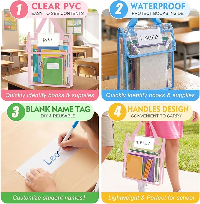 Teling 6 Pack Thick Clear Book Pouches with Blank Name Tags and Handles Book Baggies Bags Bins Organizer for School Classroom Library Pockets Students (10 x 12 Inch,Pastel Color)