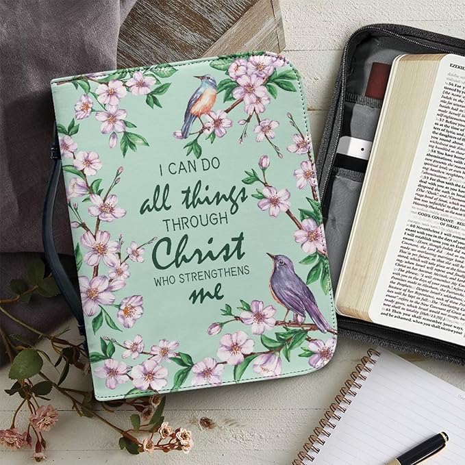 Christian Scriptures Psalms Birds and Flowers Leather Bible Cover with Handles,Green Zippered Bible Carrying Case for Women, Bible Tote Bag, Christian Gifts,X-Large
