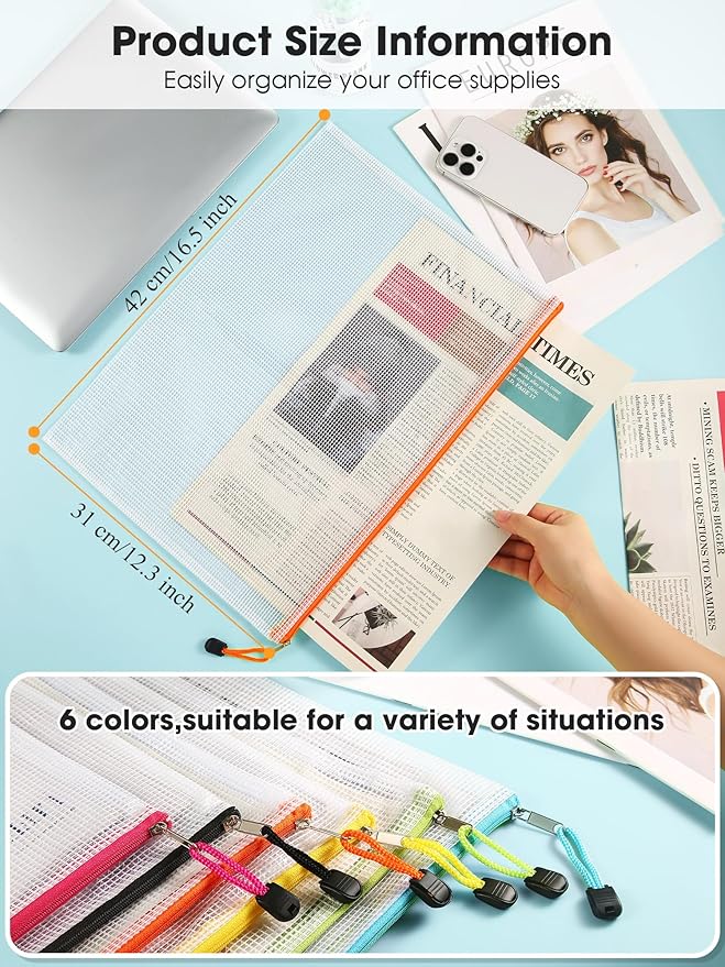 AOGELI 18pcs Mesh Zipper Pouch Bags, A3 16.5x12.3in Large Reusable Waterproof Plastic File Bags for Board Game Puzzle Storage, Organizing Office Supplies Travel Projects (6 Colors)