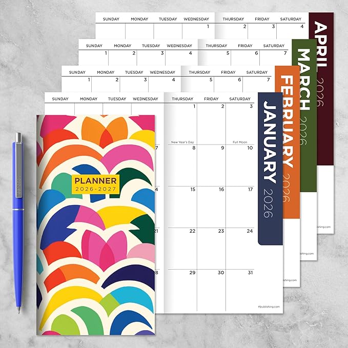 TF Publishing 2026-2027 Color Burst Small Monthly Pocket Planner with 2 Page Large Calendar Grid and Lined Notes Section - 2 Year Pocket Calendar 2026-2027 Perfect for Purse - 3.5in x 6.5in