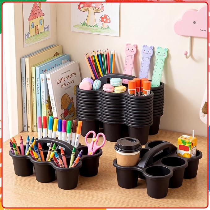 12 Pack Classroom Caddy Organizer with Handle Plastic Cup Caddy 6 Compartment Organizer School Storage Supplies for Table Crayon Pencil Cup Marker Craft School Home Office(Black)