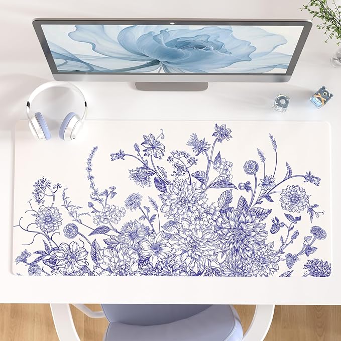 Colorful Star Large Mouse Pad, Floral Desk Mat Office Supplies, Waterproof Faux Leather Big Gaming Mousepad for Women Girls, Vintage Blue Flowers Desk Pad Home Office Décor Accessories 31.5" x 15.7"
