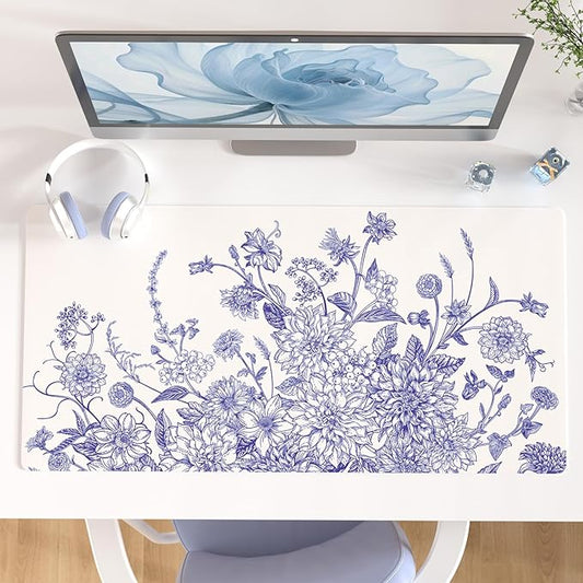 Colorful Star Large Mouse Pad, Floral Desk Mat Office Supplies, Waterproof Faux Leather Big Gaming Mousepad for Women Girls, Vintage Blue Flowers Desk Pad Home Office Décor Accessories 31.5" x 15.7"