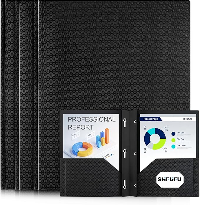 Textured 2 Pocket Folder with 3 Prongs,3 Pack Letter Size 8.5x11, Heavy Duty Textured Folder with Metal Fasteners for School, Office & Business (Black)