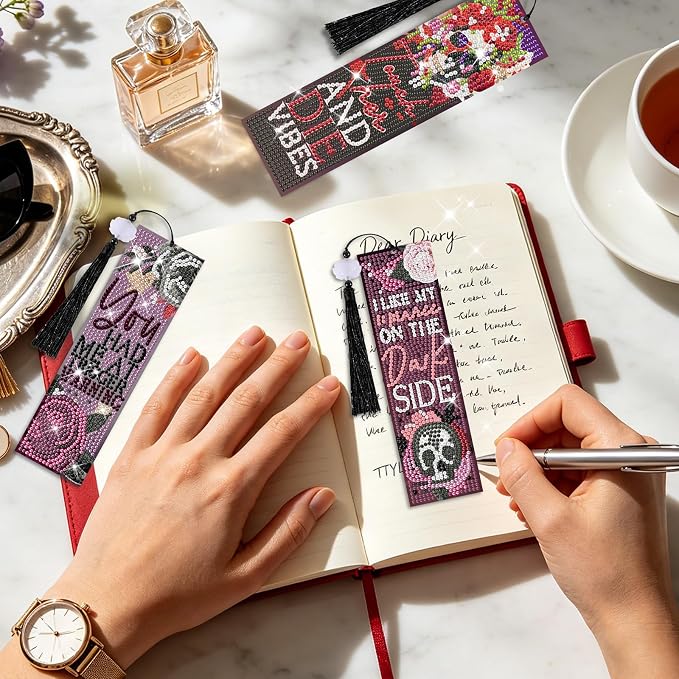 8 Pieces Dark Romance Diamond Art Bookmarks 5d Beaded Bookmark Acrylic Tassel Bookmark for DIY Making Beginners Adults Arts Craft Supplies (Dark Romance)