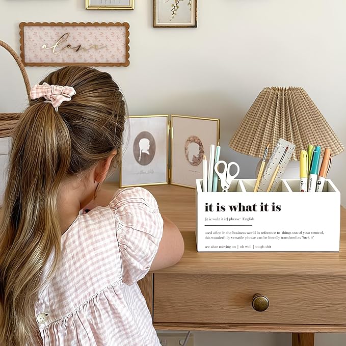 Funny Pen Holder, Funny Pencil Holder for Desk, Office Humor Gifts, Coworkers Gifts for Women Men, It Is What It Is Wooden Box Sign Decorations for Office Workplace Desk Tabletop
