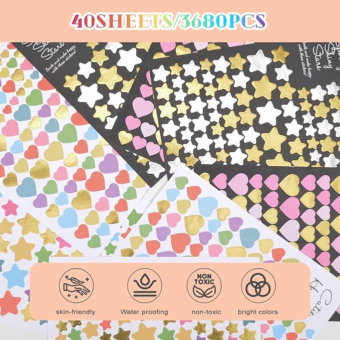 Student Reward Stickers, Valentine's Day Packaging Stickers, Teacher Supplies, 3680 Motivational Stickers, Gold Foil Star Stickers, Gold Foil Heart Stickers (Color Variant - 3)