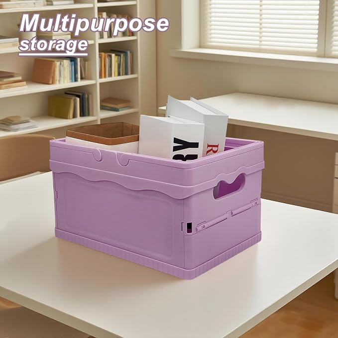 Tixill Small Collapsible Storage Crates, Foldable Plastic Baskets with Lids and Handles for Organizing, Mini Stackable Bins for Home Kitchen Bedroom Bathroom Office (12 * 8 * 7InPurple)