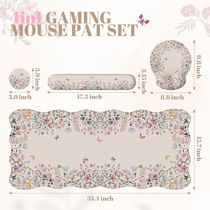 iCasso Desk Mat Set,Large Mouse Pad with Wrist Rest,Ergonomic Keyboard Wrist Support for Women,Girly Floral Computer Mat with Scalloped Edges,Non-Slip Desk Pad Home Office Gaming (Beige)