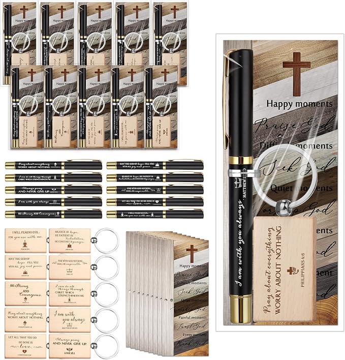 Spakon 40 Sets Father Day Church Gifts Bulk Mens Christian Mini Bible Verse Wooden Keychains Scripture Religious Pens with Cross Prayer Bookmarks Faith Gifts for Women Dad Pastor Sunday School