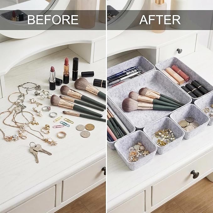 Desk Drawer Organizer Bins, 16pcs Felt Shallow Bathroom Storage Trays, Office Accessories & Workspace Organizers Jewelry & Makeup Boxes Containers(Grey)