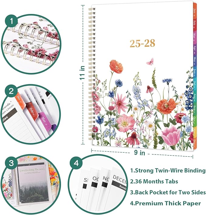 Planrage 2025-2028 Monthly Planner, JUL 2025 - JUN 2028, 9" x 11", 3-Year Academic Planner with Tabs + Back Pocket - Flowers