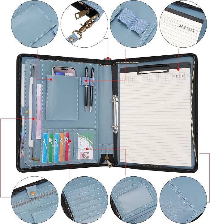 Wason A4 Portfolio with Zipper - Leather PU Padfolio with Detachable Ring Binder and Writing Notepad Holder, Conference File Multi-Pockets Organizer for Office Travel School (Misty Blue)