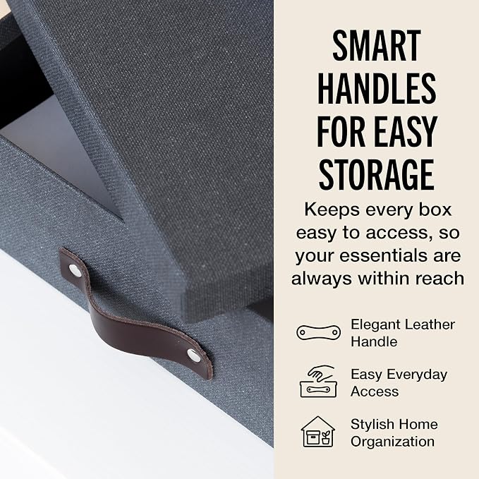 Bigso Oskar Canvas Fiberboard Document Letter Box for Important Paperwork A4 or Letter Size - Durable Keepsake Box with Lid and Leather Handle - 3.3in x 10.2in x 13.8in - Black